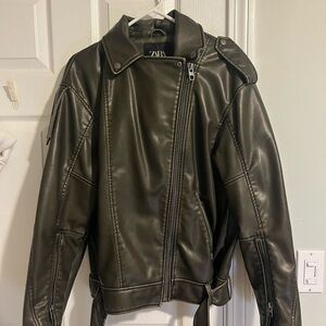 Zara Dark Brown Faux Leather Biker Jacket